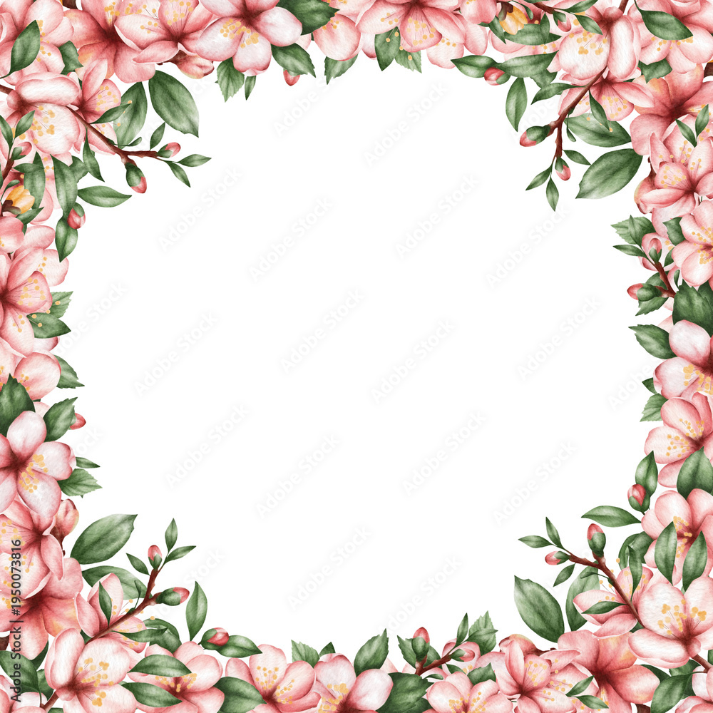 Fototapeta premium Watercolor floral frame with pink cherry branches and green leaves, with a clean space for text in the center. Suitable for wedding invitations, greeting cards, posters, branding, packaging, and roman