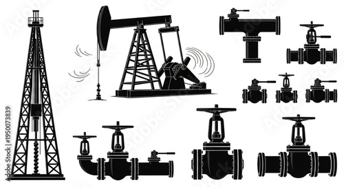 Silhouette of Oil Industry Equipment - Derrick, Pumpjack, and Valves.