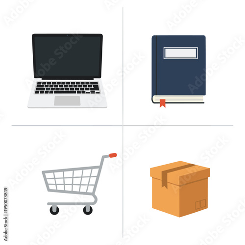 Computer Book Shopping Cart and Package Representing Online Purchase.