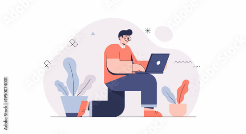 Person kneeling with laptop, surrounded by plants and abstract shapes