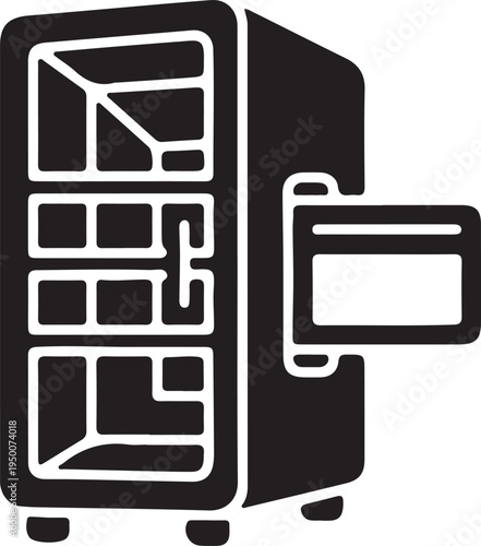 Black and white icon of a cash register with display and drawer isolated on white background
