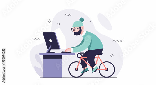 Person on bicycle at desk working on computer, flat design