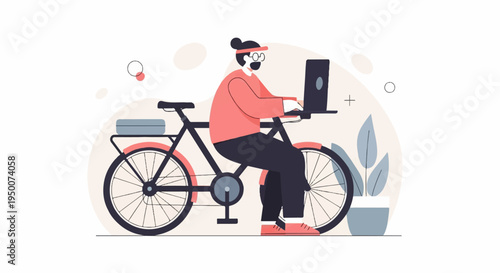 Person on bicycle working on laptop, with plant nearby