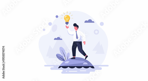 Person on island holding lit lightbulb, symbolizing creativity and innovation