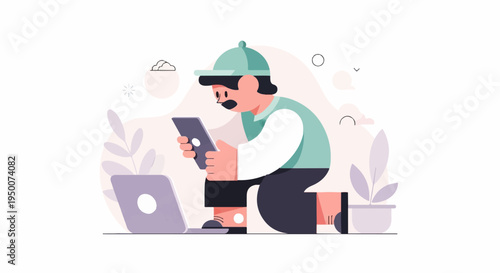Person on knees, using tablet and laptop, with plants and clouds