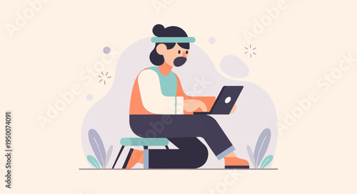 Person on stool using laptop with minimalistic background