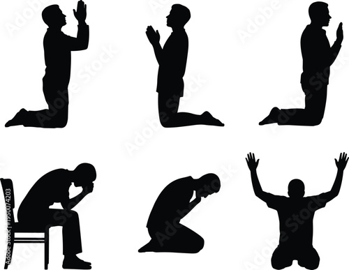 Prayer silhouettes collection, spiritual devotion poses, kneeling supplication figures, contemplative postures, 