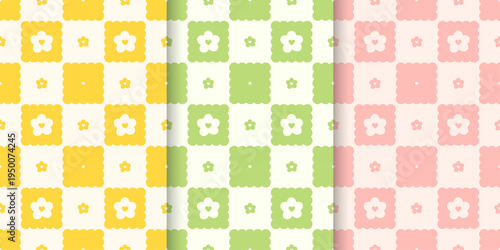 Sprint Time Checkered Seamless Patter with Daisy set. Wave rhombus with lace. Repeating print for textile and fabric. Cute tablecloth texture. Vector illustration backgrounds