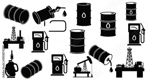 Oil and Gas Industry Icons - A Collection of Black and White Illustrations.