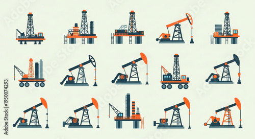 Oil Industry - A Collection of Oil Rigs and Pumpjacks.
