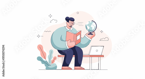 Person with book and globe, laptop on table, abstract plants
