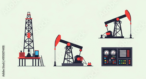 Oil Industry Equipment - Derrick, Pumpjacks, and Control Panel Illustration.