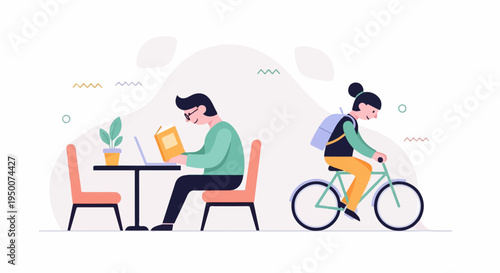 Person studying on laptop while another rides a bicycle with backpack