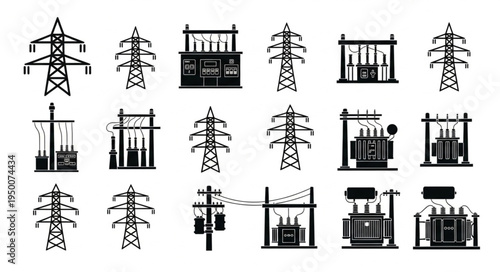 Silhouetted Electrical Transmission Towers and Substations Vector Set.