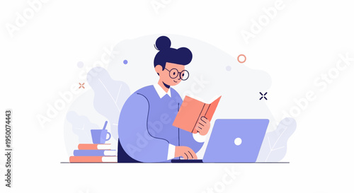 Person studying with laptop and books, surrounded by abstract shapes