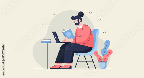 Person with bun reads book at desk with laptop, plant nearby