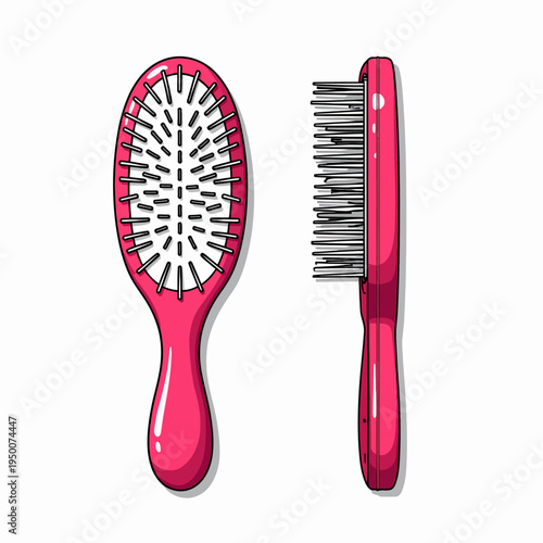 Vibrant flat vector illustration set of a pink hairbrush and comb for personal grooming beauty hair care and salon styling designs.
