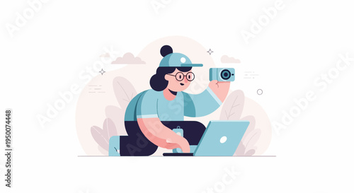 Person with camera and laptop, engaged in creative work or content creation