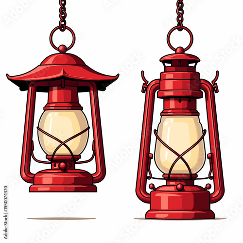 Classic flat vector set of two vintage red kerosene oil lantern lamps with glowing light for camping outdoor adventure and nostalgic rustic designs.