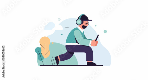 Person with headphones and mask jogging while holding a phone outdoors