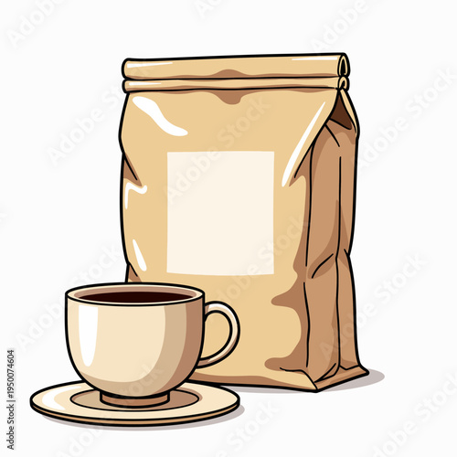 Cozy flat vector illustration of a brown paper bag of coffee beans and a hot steaming cup for cafe shop and morning breakfast designs.