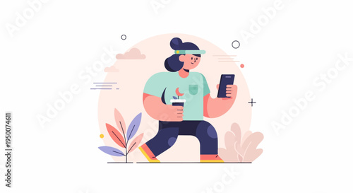 Person with coffee and phone walks past decorative plants