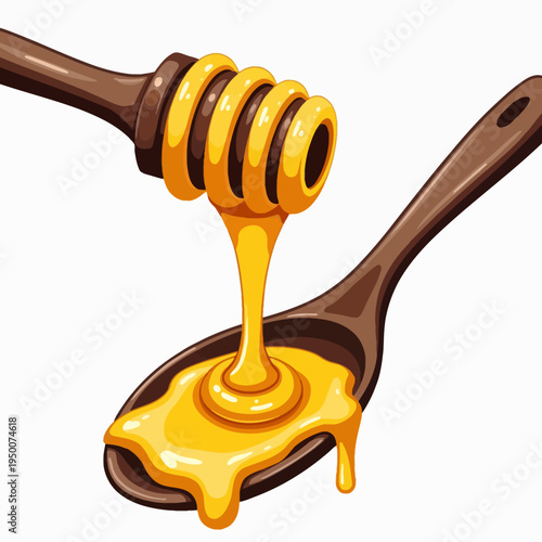 Delicious flat vector illustration of golden sweet honey dripping from a wooden dipper spoon for organic natural food and healthy breakfast designs.