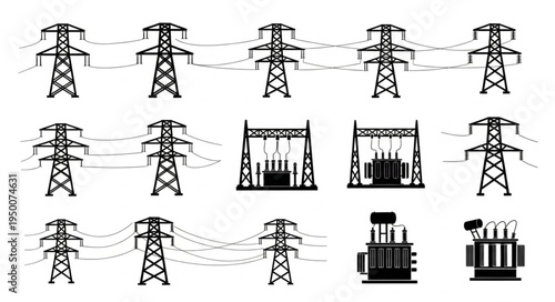 Silhouette of High Voltage Power Lines and Electrical Substations.
