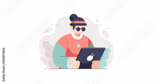 Person with glasses and bun hairstyle uses tablet device