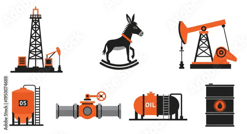 Oil Industry Elements - Derrick, Pumpjack, Tank, Valve, Barrel, and Donkey.