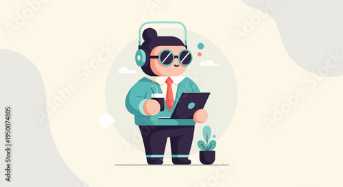 Person with headphones, glasses, tablet, and coffee, a plant nearby