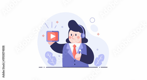 Person with headphones holds tablet with play button and microphone