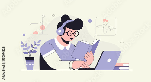Person with headphones, glasses, book, and laptop studies