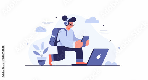 Person with headphones and backpack uses tablet near laptop