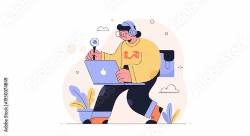 Person with headphones, laptop, and webcam, walking with plants