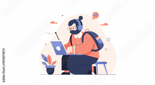 Person with headphones and backpack works on laptop, seated on stool