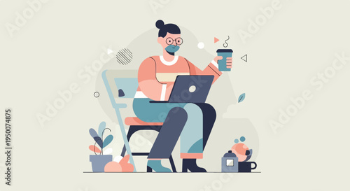 Person with glasses and bun working on laptop with coffee, plants