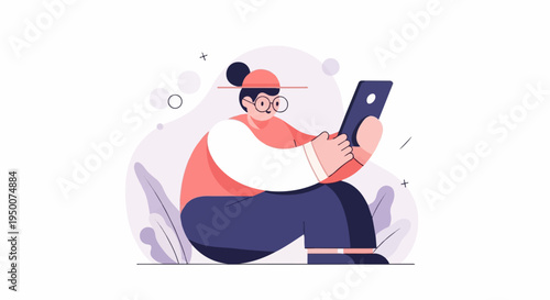 Person with glasses and cap looking at a digital tablet