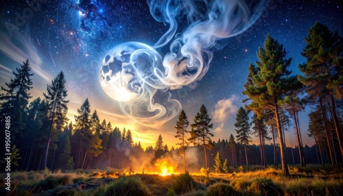Mystical Night - Campfire Under a Celestial Moon and Starry Sky.