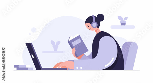 Person with headphones reading book at laptop, plants in background