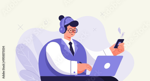 Person with headphones working on a laptop and holding a phone