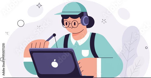 Person with headphones and cap working on a laptop, speaking into a microphone