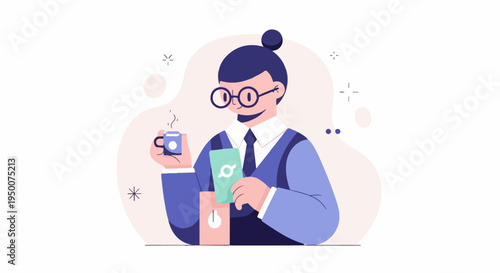 Person with glasses and coffee, holding a card, health device