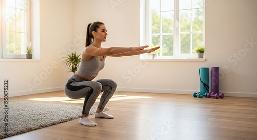 A fit woman performing a bodyweight squat exercise in a bright, well-lit room, demonstrating a healthy lifestyle and fitness routine