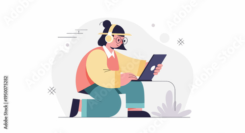 Person with headphones and glasses using a laptop, abstract background