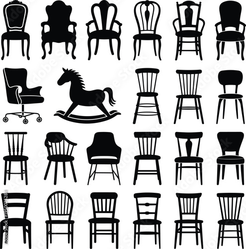 Silhouette chair collection, furniture design variety, modern minimalist chairs, classical ornate seating, rocking horse silhouette, interior decor inspiration, black silhouettes