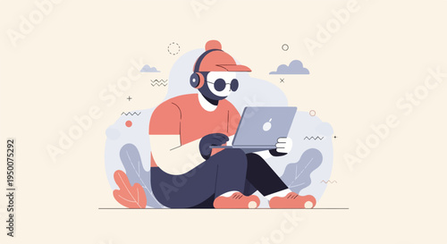 Person with headphones and glasses using a laptop amidst abstract shapes and plants