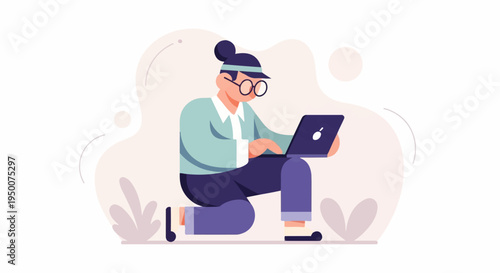 Person with glasses and hair bun working on a laptop
