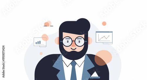 Professional man in suit with beard and glasses, surrounded by abstract shapes