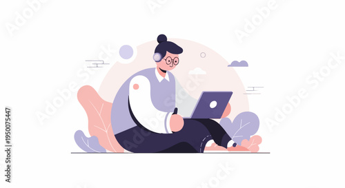 Person with headphones and glasses using a laptop surrounded by plants